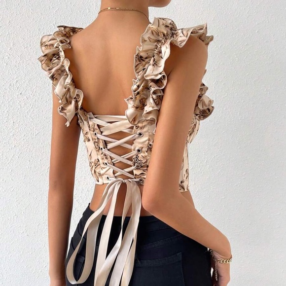 French Floral Corset Lace Up Bustier Crop Top